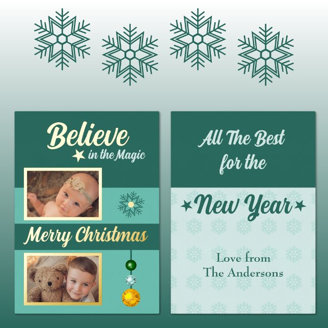 Christmas baubles stars snowflake photos green foil holiday card (Creator Uploaded)
