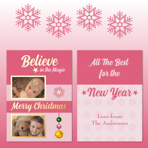 Christmas baubles stars snowflake photos pink foil holiday card