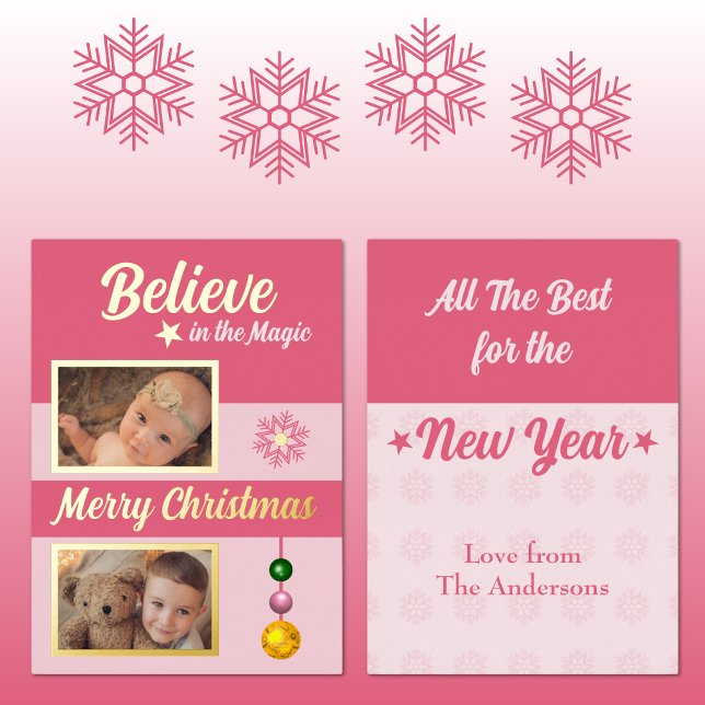 Christmas baubles stars snowflake photos pink foil holiday card (Creator Uploaded)