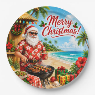 Christmas BBQ Santa Claus Tropical Beach Paper Plate