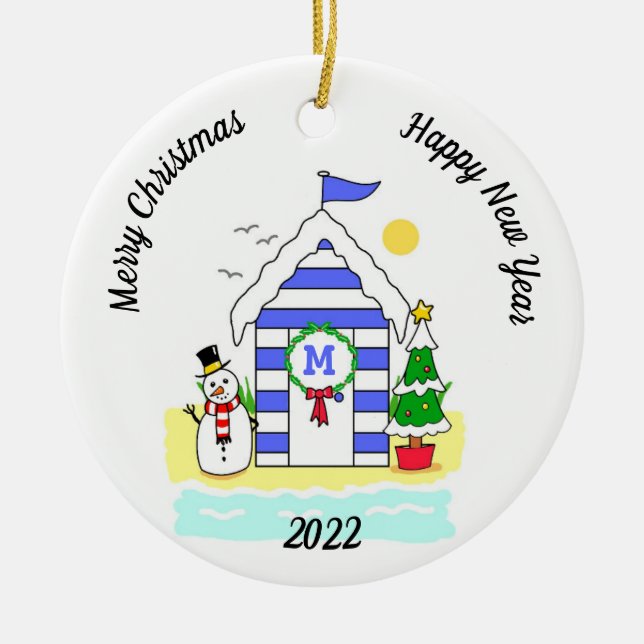 Christmas Beach Hut Ceramic Tree Decoration (Front)