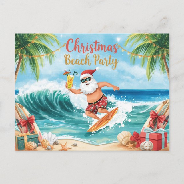 Christmas Beach Party – Tropical Santa Surfing  Invitation Postcard (Front)