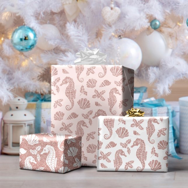 Christmas Beach Rose Gold Glitter Seahorse Pink Wrapping Paper Sheet (Creator Uploaded)