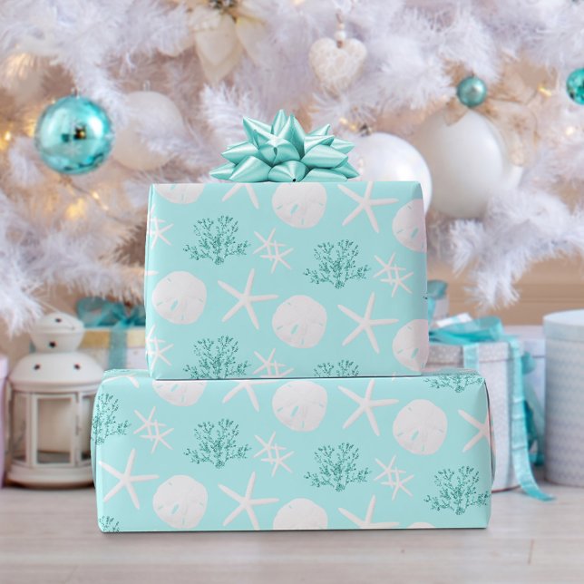 Christmas Beach Sand Dollar Starfish Aqua Blue  Wrapping Paper (Creator Uploaded)