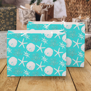 Christmas Beach Sand Dollar Starfish Coastal Aqua Large Gift Bag