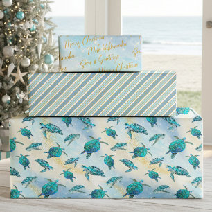 Christmas Beach Sea Turtle Glitter Sparkle Wrapping Paper Sheet
