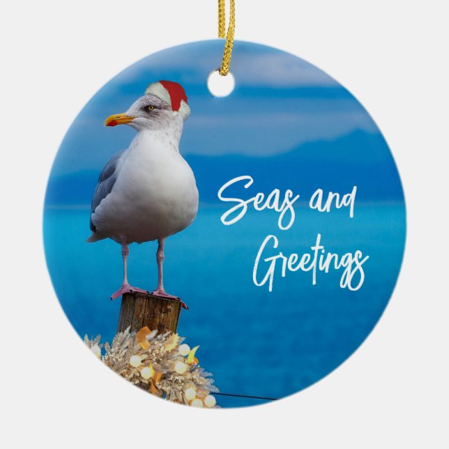 Christmas Beach Seas and Greetings Seagull Ocean Ceramic Tree Decoration (Front)