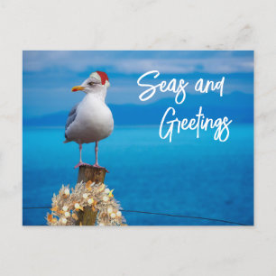 Christmas Beach Seas and Greetings Seagull Ocean Postcard