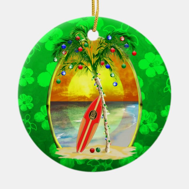 Christmas Beach Sunset Ceramic Tree Decoration (Front)