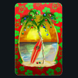 Christmas Beach Sunset Magnet<br><div class="desc">Happy Holidays from the warm sandy beaches of your favourite tropical island beach. Palm tree decorated with Christmas ornaments and lights, with a retro surfboard leaning against the Christmas tree in front a sunset over the ocean. Red and green holiday colour background of Hawaiian Honu sea turtles and hibiscus flowers....</div>