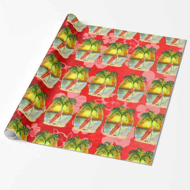Christmas Beach Sunset Wrapping Paper (Unrolled)