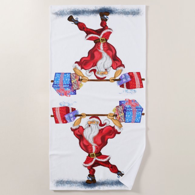 Christmas Beach Towel Bodybuilder Santa with Gifts (Front)