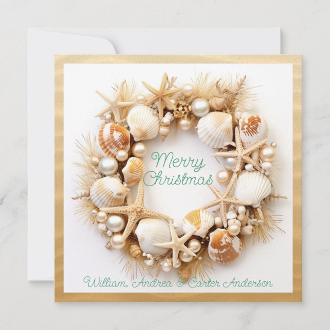Christmas Beach Waves Seashells Starfish Pearls Holiday Card (Front)