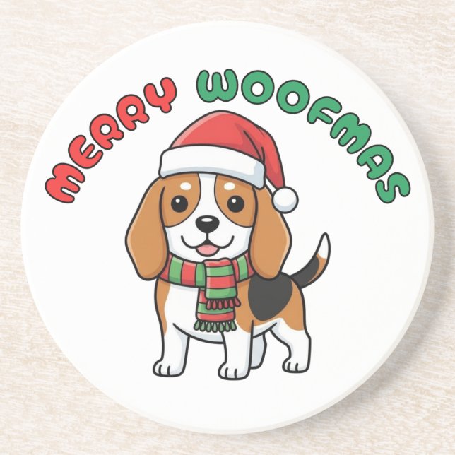 Christmas Beagle Coaster: Merry Woofmas Coaster (Front)