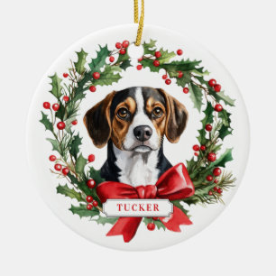 Christmas Beagle Dog Ceramic Circle Ornament