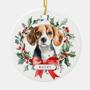 Christmas Beagle Dog Ceramic Circle Ornament