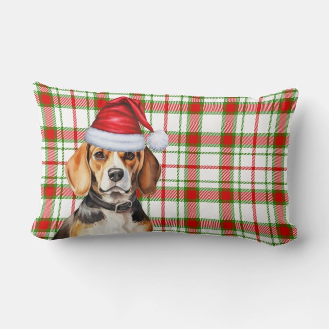 Christmas Beagle Dog Red Green Plaid Holiday Lumbar Cushion (Back)
