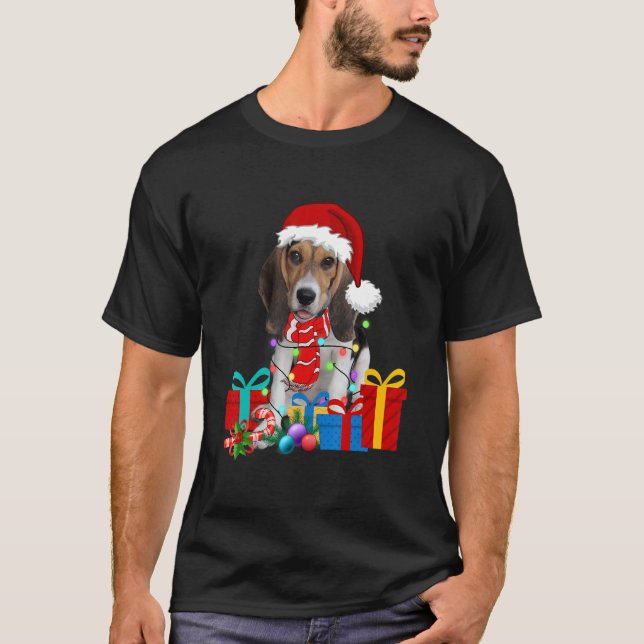 Christmas Beagle Dog Xmas Lights Santa Hat Pajama T-Shirt (Front)