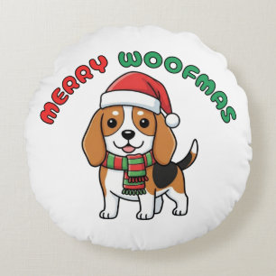 Christmas Beagle Round Pillow: Merry Woofmas Cushion