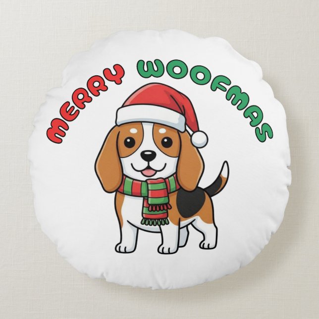 Christmas Beagle Round Pillow: Merry Woofmas Round Cushion (Front)
