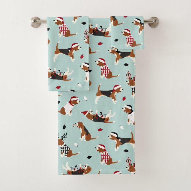 Christmas Beagles Blue Bath Towel Set (Insitu)