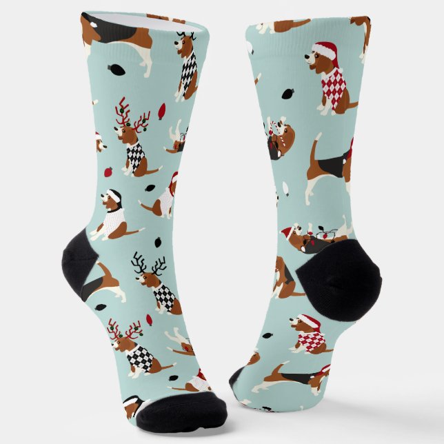 Christmas Beagles Blue Socks (Angled)