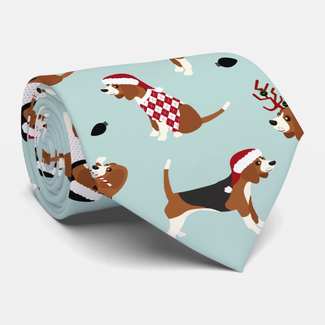 Christmas Beagles Blue Tie (Rolled)