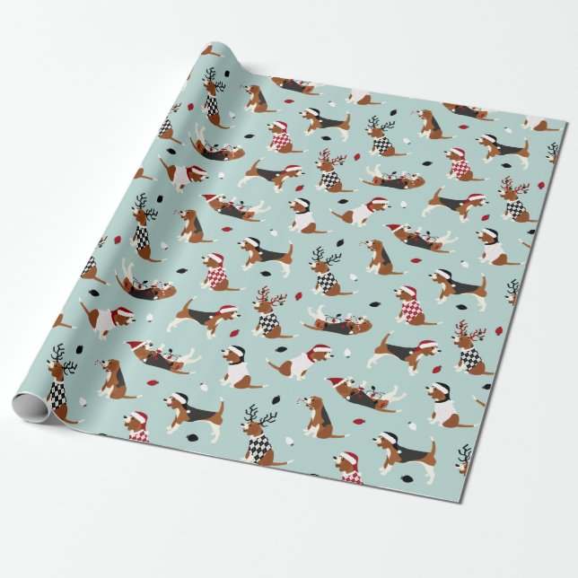 Christmas Beagles Blue Wrapping Paper (Unrolled)