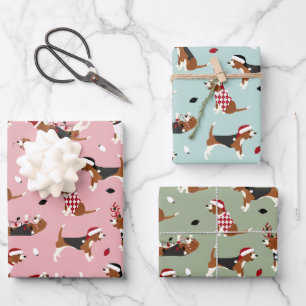 Christmas Beagles Pink Blue Green Wrapping Paper Sheet
