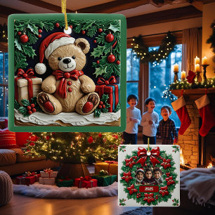 Christmas Bear and Presents Customisable Ceramic Ornament