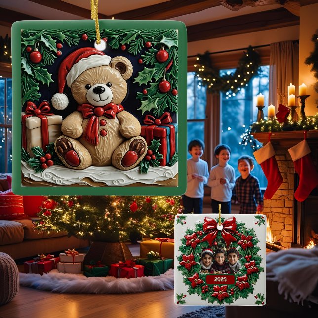 Christmas Bear and Presents Customisable Ceramic Ornament (Creator Uploaded)