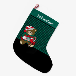 Christmas Bear Black & Green Plaid Personalised Large Christmas Stocking