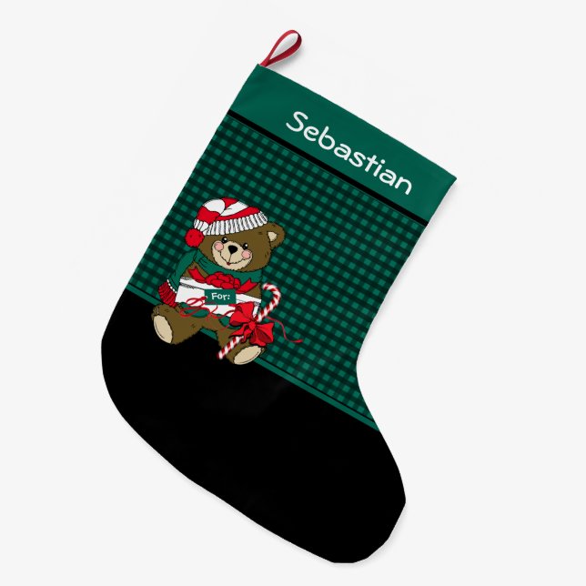 Christmas Bear Black & Green Plaid Personalised Large Christmas Stocking (Front (Hanging))