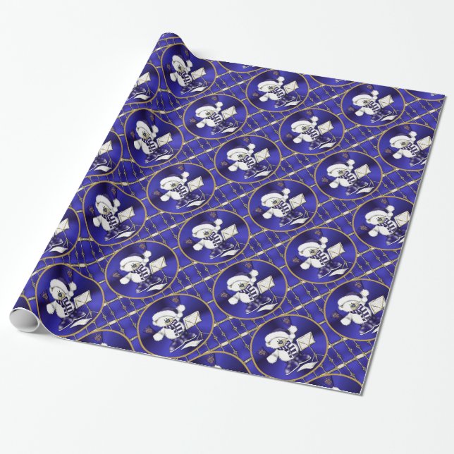 Christmas Bear Blue and Gold Wrapping Paper (Unrolled)