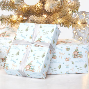 Christmas Bear Boy Blue Name Text Christmas Wrapping Paper