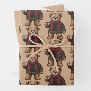 Christmas Bear Coffee Retro Xmas Matching Wrapping Paper Sheet
