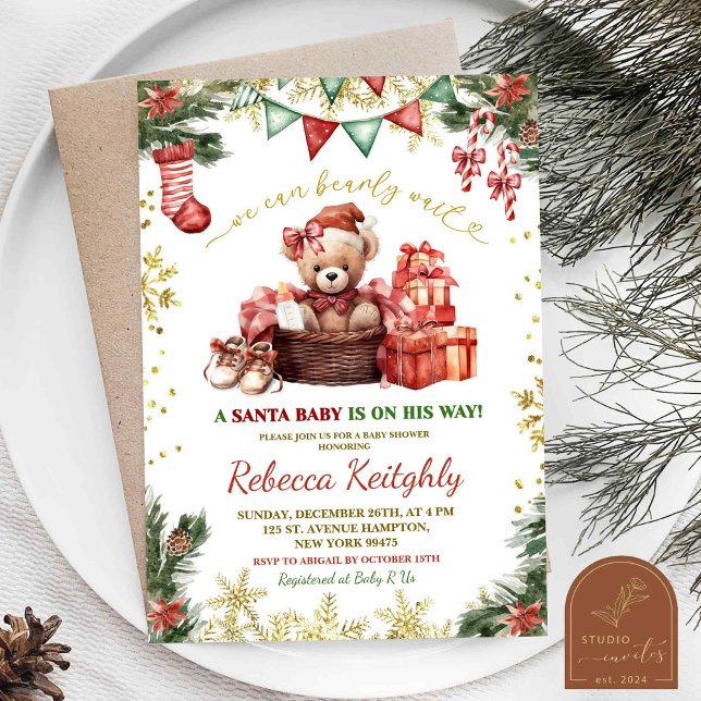Christmas Bear Girl Santa Baby Shower Invitation (Creator Uploaded)