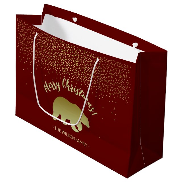 Christmas Bear Gold And Burgundy Large Gift Bag (Front Angled)