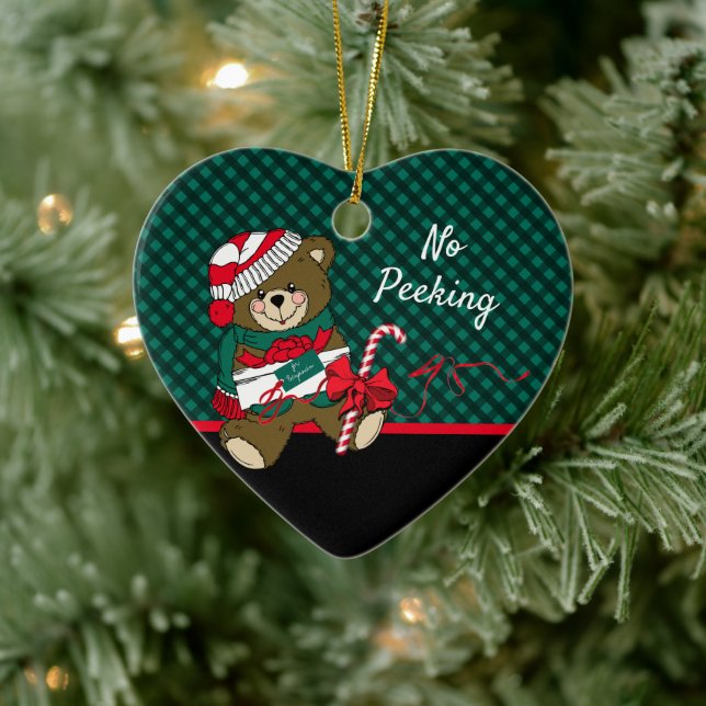 Christmas Bear Green Plaid No Peeking Personalised Ceramic Tree Decoration (Tree)