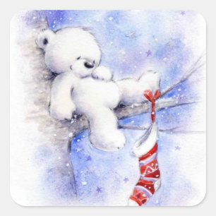 Christmas Bear In A Tree Square Sticker