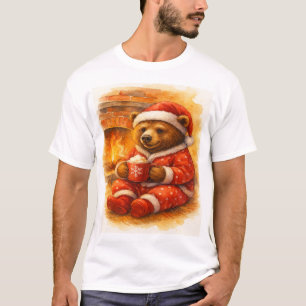 Christmas Bear in Red Pajamas by the Fireplace T-Shirt