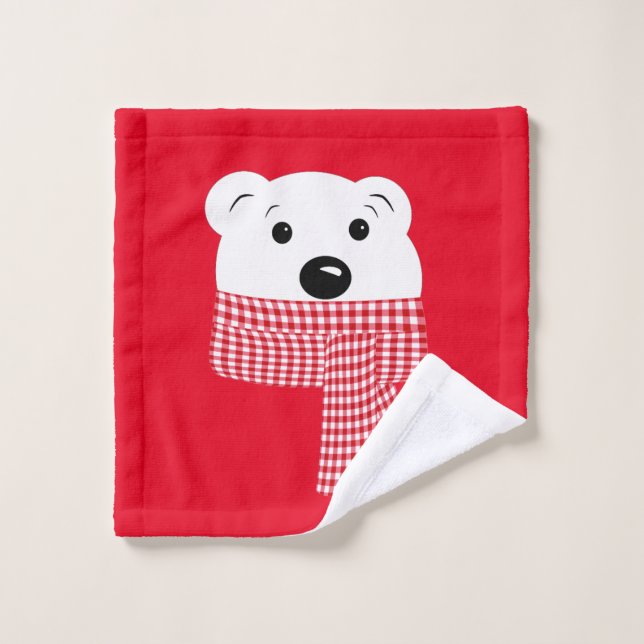 Christmas, bear muzzle, polar bear, red, white, wash cloth (Wash Cloth)