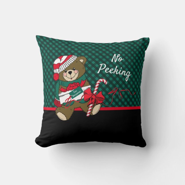 Christmas Bear No Peeking Green Plaid Personalised Cushion (Front)
