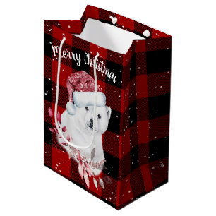 Christmas Bear On Buffalo Plaid Medium Gift Bag