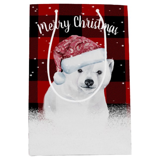 Christmas Bear On Buffalo Plaid Medium Gift Bag (Front)
