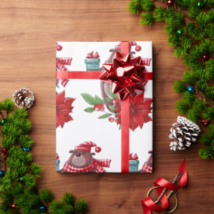 Christmas Bear & Poinsettia  Wrapping Paper