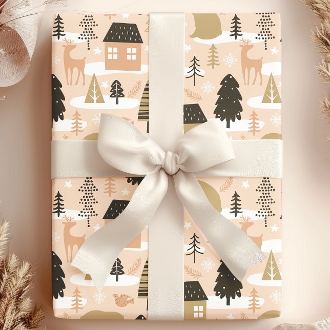 Christmas Bear Village Pink Black Gold Modern Wrapping Paper (Creator Uploaded)