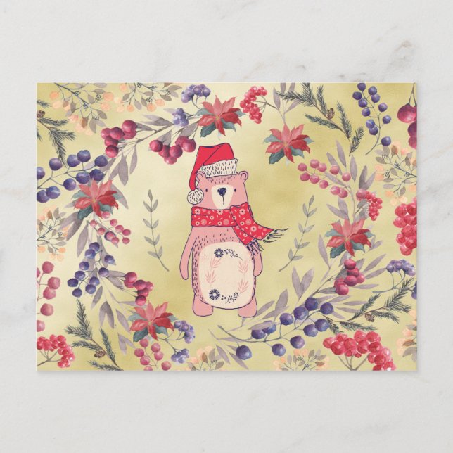 Christmas Bear Watercolor Berries Gold Holiday Postcard (Front)