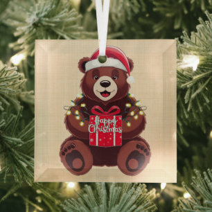 Christmas Bear with Gift and Lights Glass Tree Decoration