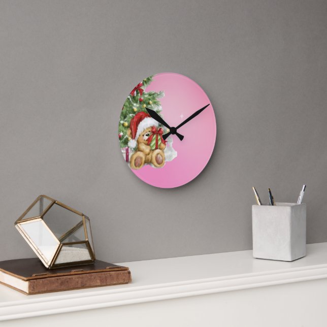 Christmas Bear with Present and Tree Decoration Round Clock (Office)